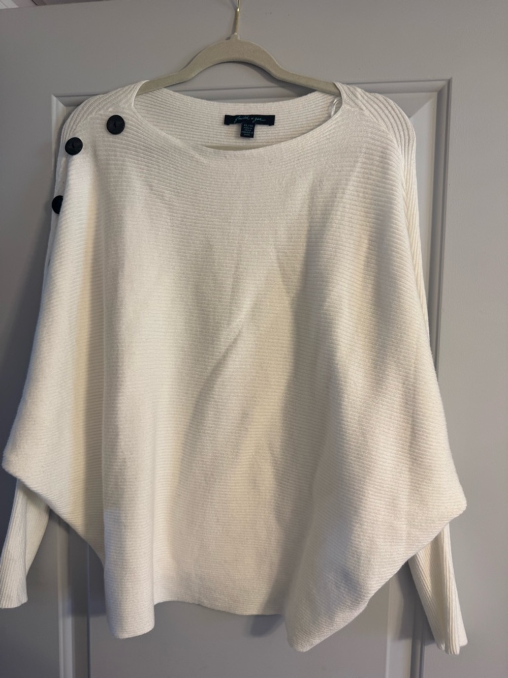 Faith & Zoe Cream Button-Shoulder Crewneck Sweater